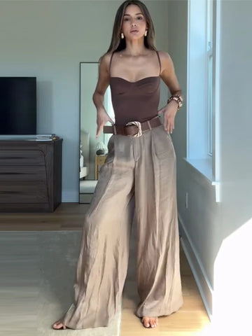 Women's Straight Pants Solid High Waist Belt Pockets Wide Leg Long Trousers Female 2025 Spring Lady Vintage High Street Wears