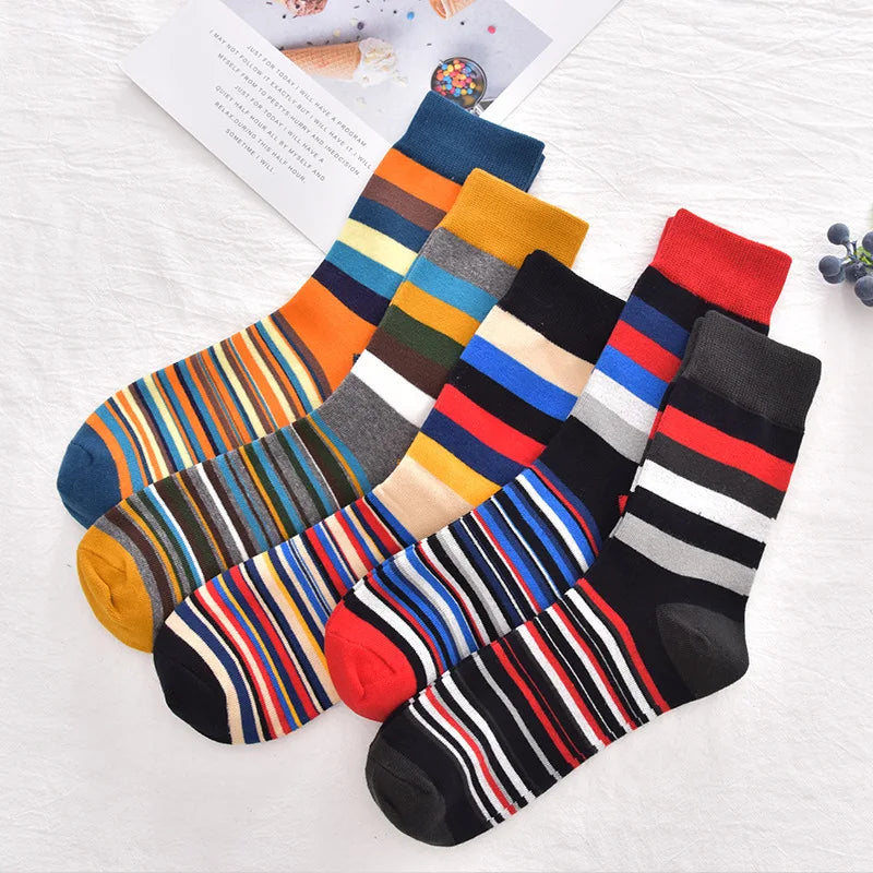 5 Pairs/Pack Fashion Trend Socks Men Cotton Thick Thin Stripes Pattern Retro Socks Business Party Crew Socks