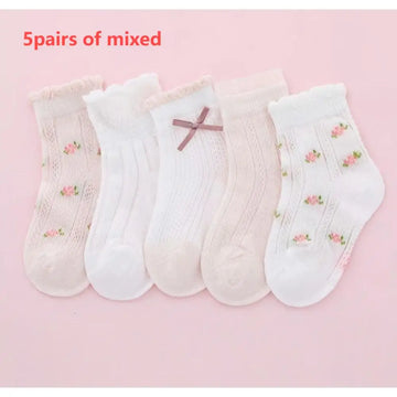5 pairs of girls' summer thin socks, children's lace butterfly breathable mesh socks