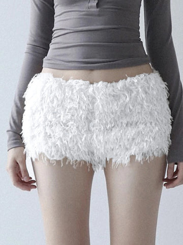 Faux Fur Solid Knitted Women’s Short Chic Y2K Skinny Simple Low Waist Autumn Winter Design Basic Pants