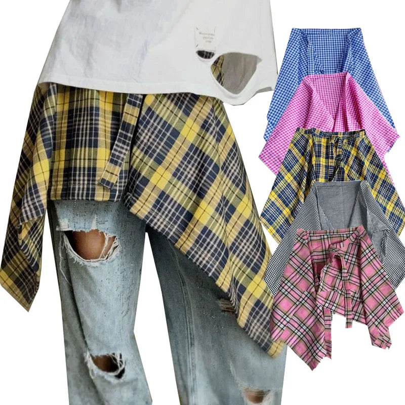 Plaid Hip Hop Irregular Men and Women Fake Shirt Hem Spring Autumn False Shirt Skirt Half-body Denim Skirts Womens Jupe Saia