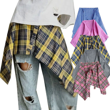 Plaid Hip Hop Irregular Men and Women Fake Shirt Hem Spring Autumn False Shirt Skirt Half-body Denim Skirts Womens Jupe Saia