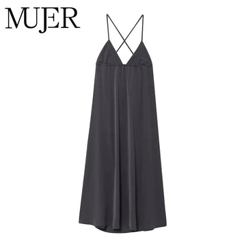 MUJER Pleated Slip Long Dress Woman Holiday Beach Casual Women's Dresses Backless Summer Dress Woman 2025 Evening Maxi Dresses
