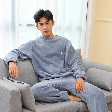 Thickened Warm Men Coral Velvet Pajamas Autumn Winter Homewear Long-Sleeved Long Trousers Solid Soft Sleepwear 2PCS/Set Couple