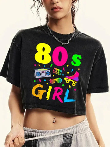 80 S Girl Colorfulprinting Female Washed Short Tshirt Breathable Summer T Shirt Casual Fashion Midriff-Baring Distress Tops