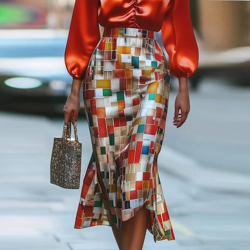 Krisstargirls 2025 Summer Maxi Skirts for Woman Mermaid Wrap Rainbow Plaid Elegant Party Prom Women Midi Skirts fit Office Lady