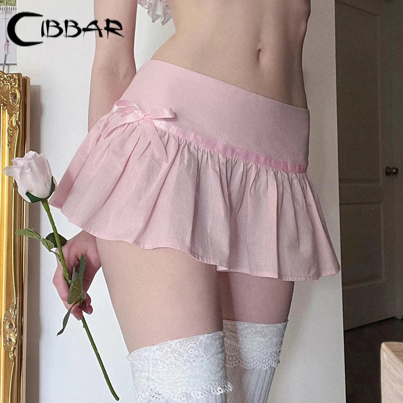CIBBAR Y2k Fairycore Folds A-line Pleated Mini Skirt Pink Sweet Coquette Aesthetic Low Rise Super-short Skirts Ladies Cute 2000s