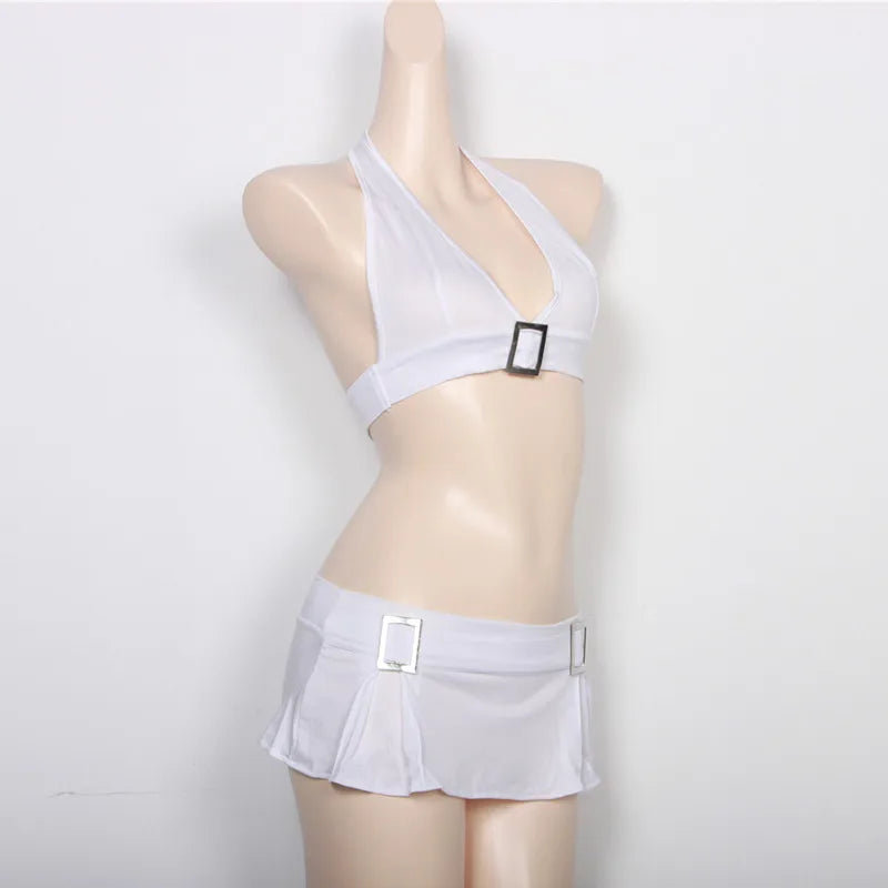 White Swimwear with Skirt 2 Piece Bikini Set Sexy Halter V Neck Bra Top and Pleated Mini Skirt Sets Women Bathing Suit Beachwear