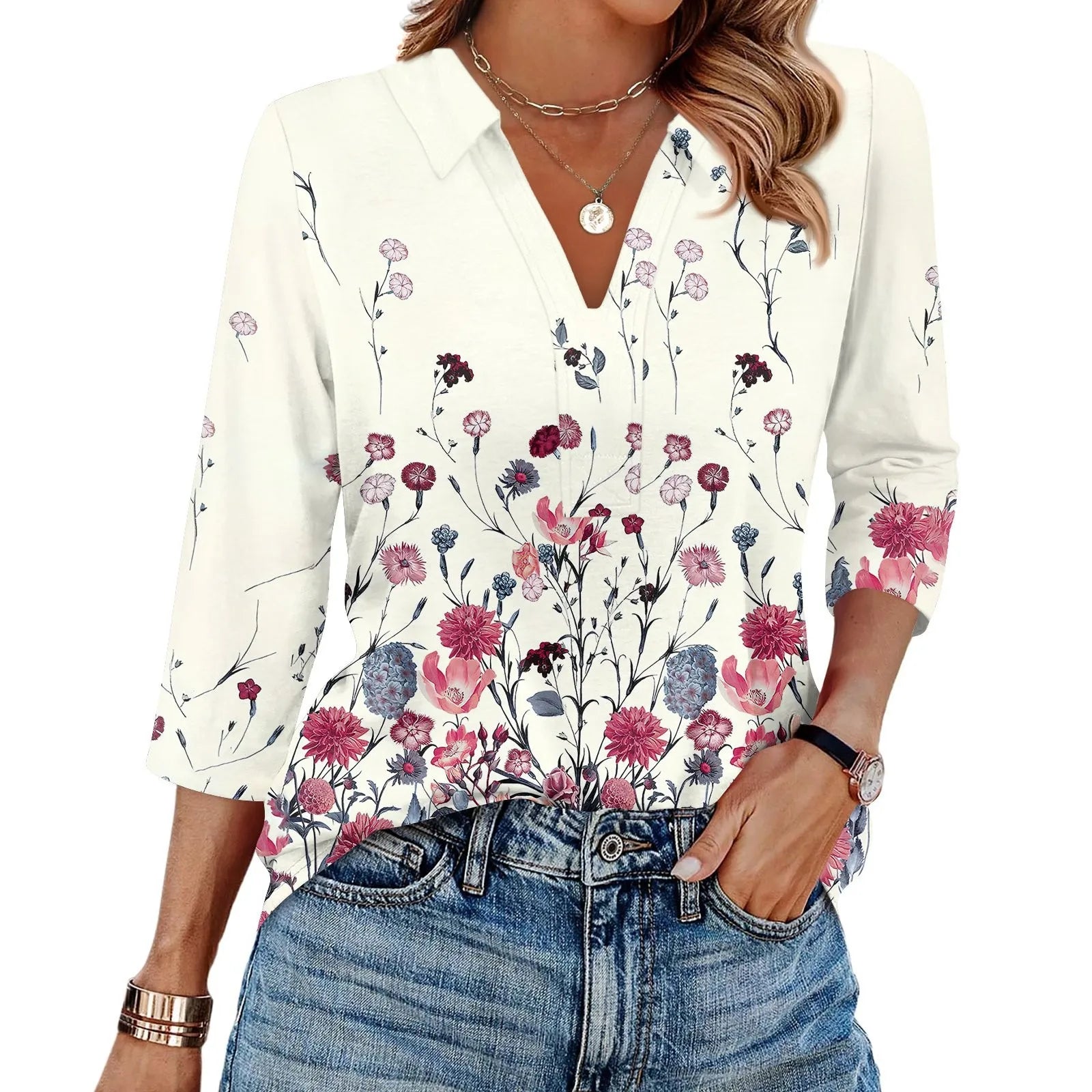 Women's Fashion Casual Lapel 3/4 Sleeve Print Shirt Women's V-Neck Tops Tops for Women Womens Tops and Blouses 2025 Dressy Tops - OneLoveCanada