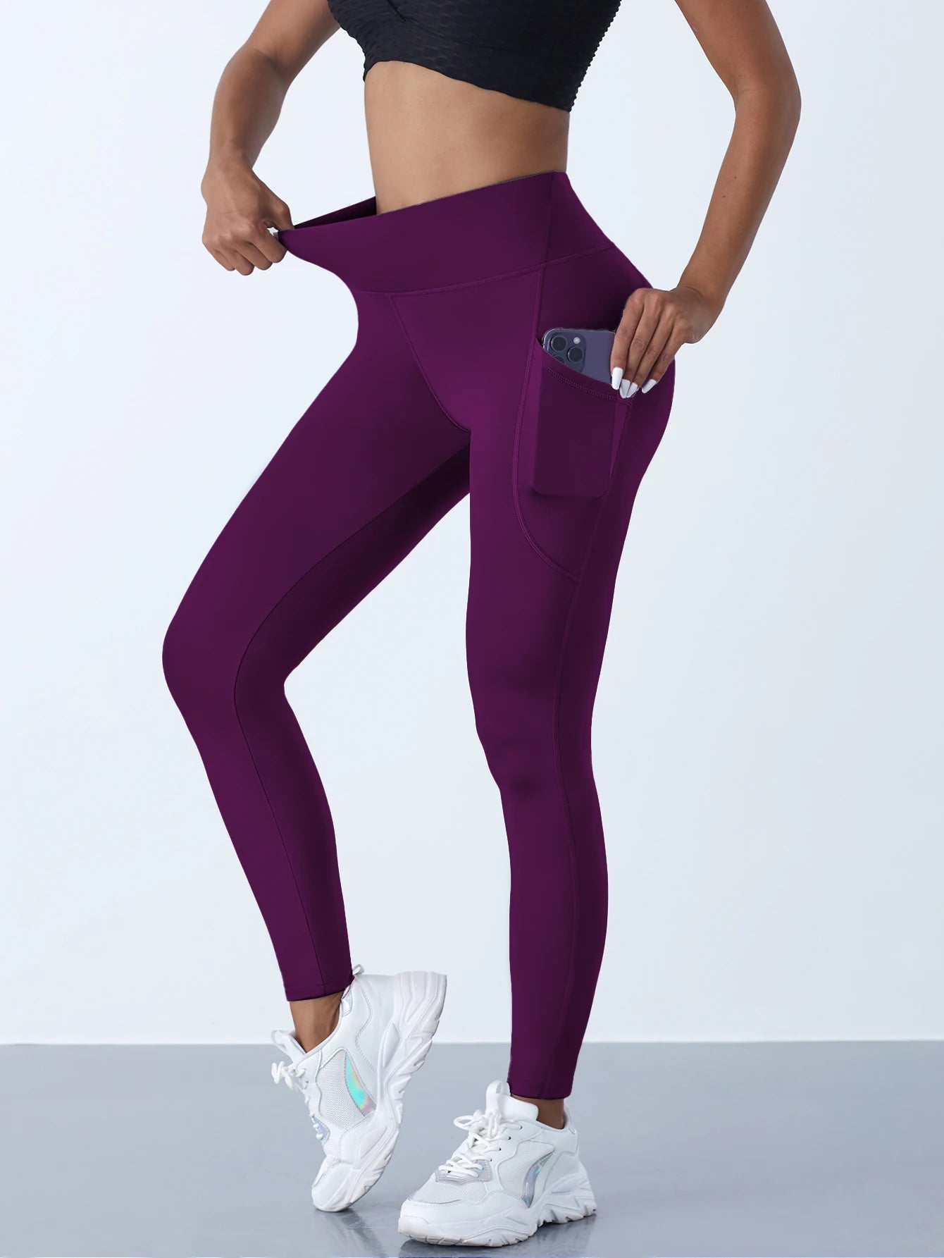 New High Waist Women's Leggings Stretch Yoga Pants Tights With Pockets Push Up Fitness Running Sportswear Solid Color Pants - OneLoveCanada