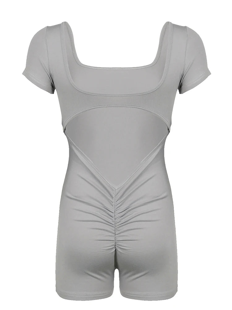 Shirring Backless Square Collar Short Sleeve Skinny Sexy Gray Rompers Womens Playsuit Black Rave Summer Baddie Outfits