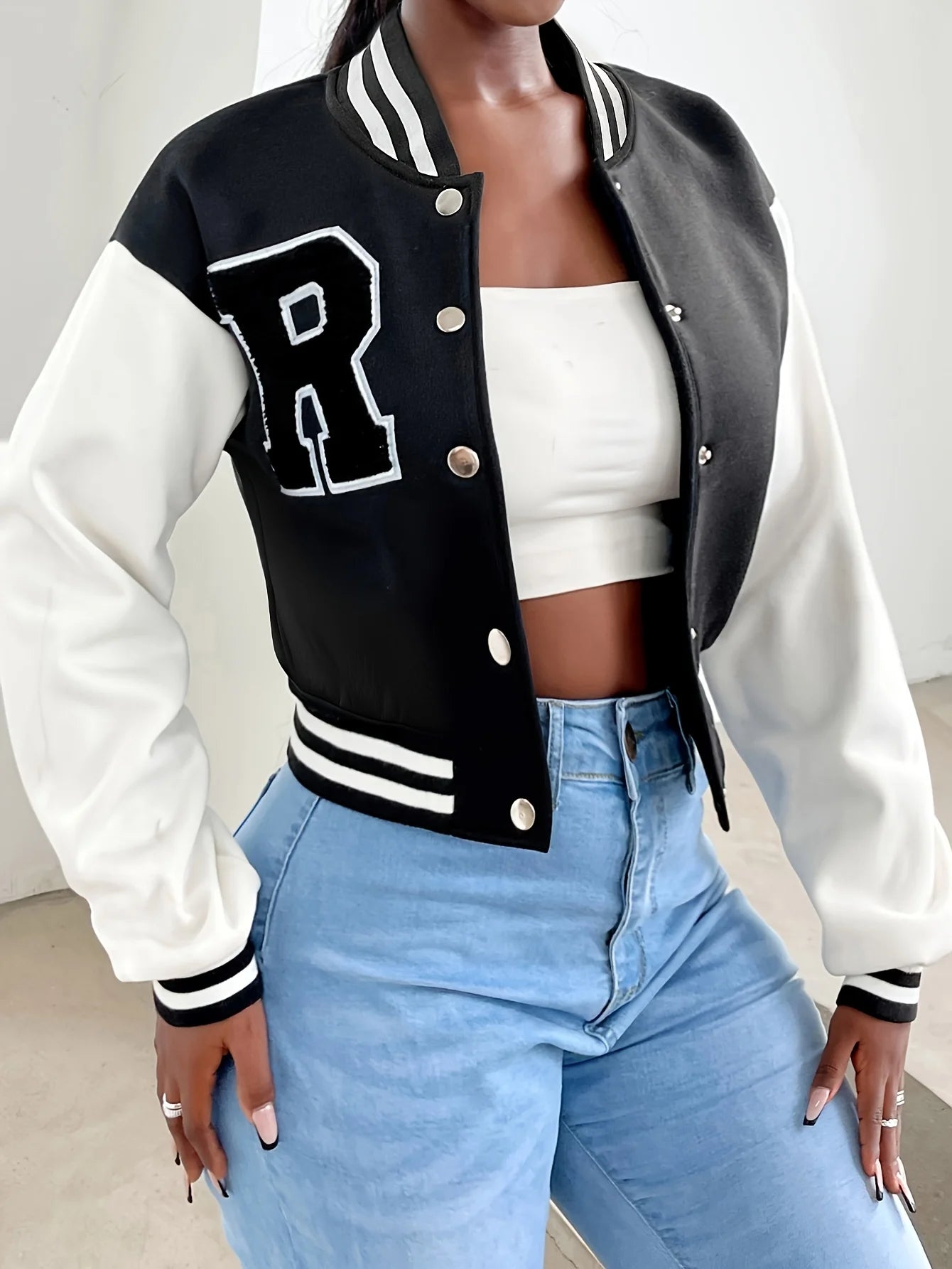 Elegant Women_s Casual Jacket  White Autumn Winter Button Baseball Aviator Cropped Jackets For Women Long Sleeve Crop Outerwear