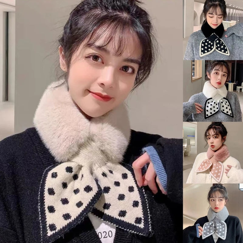 Scarf Collar For Women Scarf Women Winter Fashion Soft Faxr Rabbit Fur Collar Print Bow Tie Scarf Women Accessories