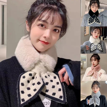 Scarf Collar For Women Scarf Women Winter Fashion Soft Faxr Rabbit Fur Collar Print Bow Tie Scarf Women Accessories