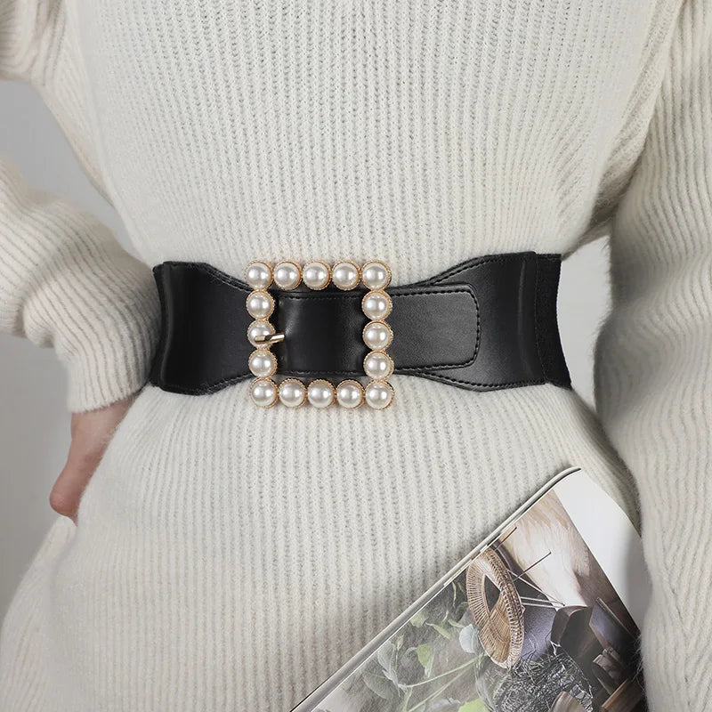 Belt Women's Instagram Style Fashionable, Simple, and Fashionable Decoration Pearl Belt with Sweater Elastic Elastic Black Wide