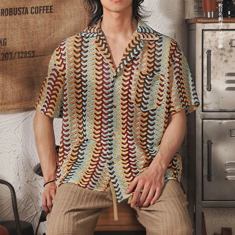 Japanese Retro Bachelor Style Hollow Jacquard Leopard Short-sleeved Men Shirt Trendy Brand Dopamine Floral Half-sleeved Sleeves