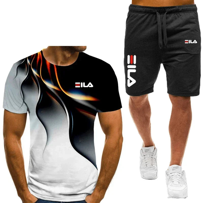 Men's T-shirt and shorts set, running fashion printed short sleeved sports T-shirt, summer 2024