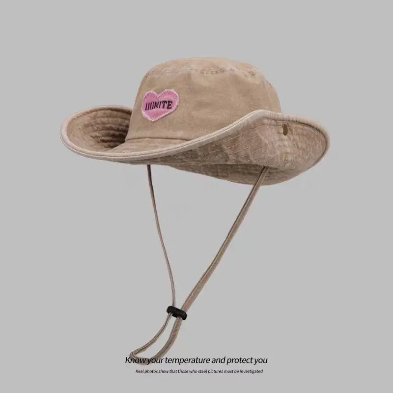 Japanese Retro Washed Cowboy Hats for Women Spring and Summer Outdoor Camping Sun Protection Sweet Pink Love Bucket Caps - OneLoveCanada