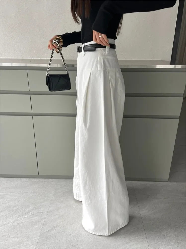 Jeans Spring Summer Long Wide Leg Pant Women High Waist Fashion Casual Korean Style Ladies Trousers Loose Pleated Woman Pants