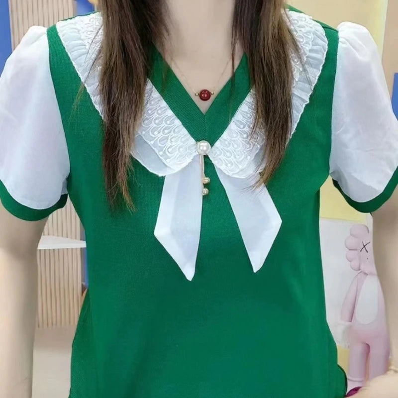 2024 Summer Hot Selling Short Sleeved V-neck Ice Silk High End Celebrity Fashion Loose Half Sleeved T-shirt Chiffon Sleeve Top