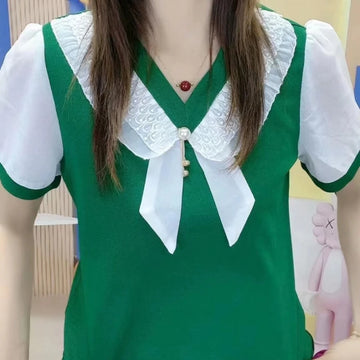 2024 Summer Hot Selling Short Sleeved V-neck Ice Silk High End Celebrity Fashion Loose Half Sleeved T-shirt Chiffon Sleeve Top
