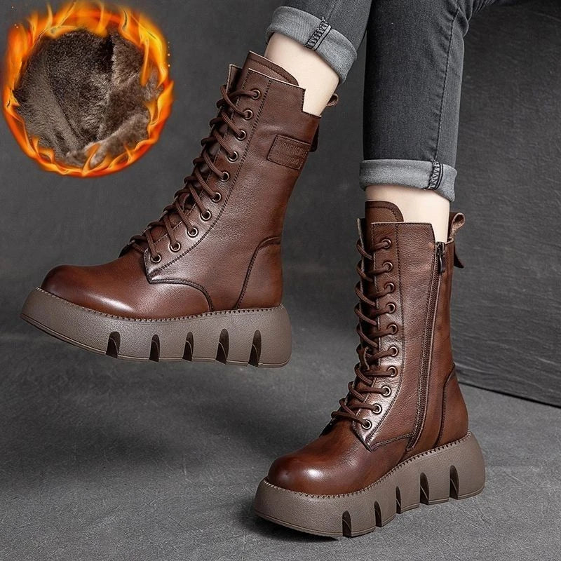 Winter Leather Women Boots Round Toe Mid-heel Ankle Boots for Women Lace Up Warm Snow Boots Retro Lady Platform Bikerboots Women