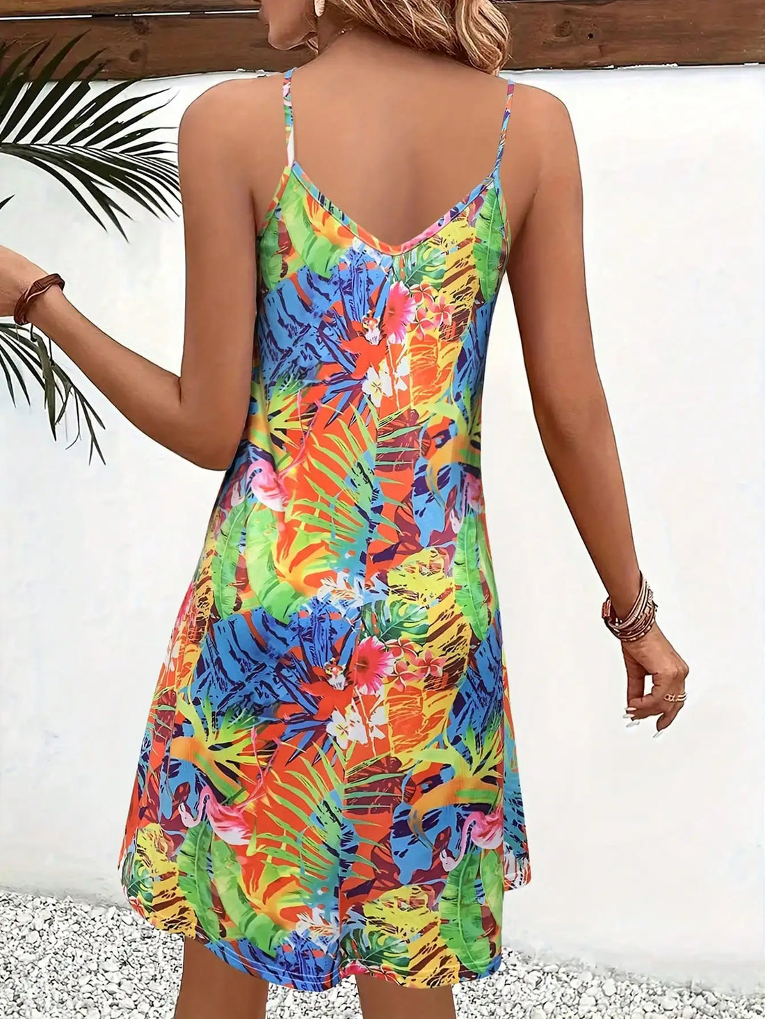 Tropical Printed Women's V-Neck Mini Dress For Summer,Sexy Vacation Beach Dress, Flowy Summer Party Dress for Women