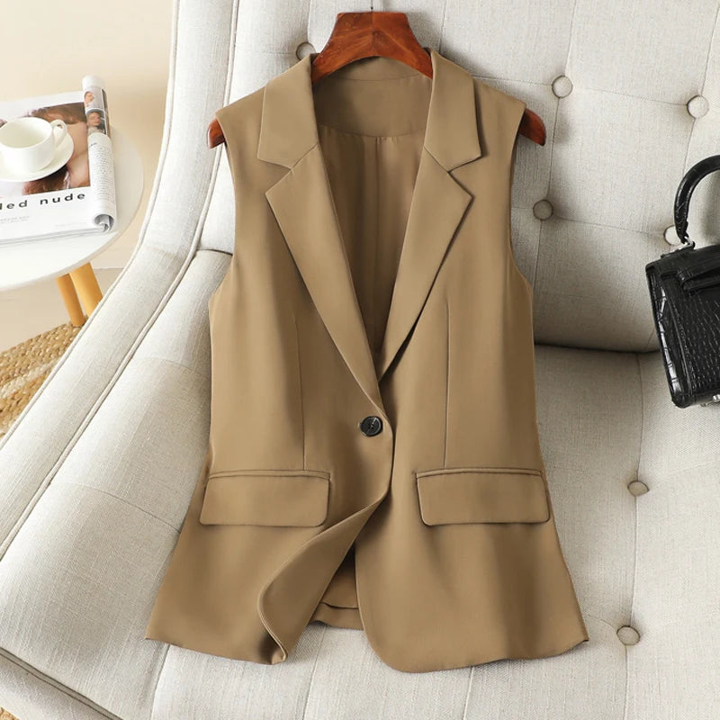 Khaki Color Slim Fit Suit Vest for Women's Spring and Autumn Top Coat Workplace Temperament Appears Slim