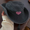Japanese Retro Washed Cowboy Hats for Women Spring and Summer Outdoor Camping Sun Protection Sweet Pink Love Bucket Caps - OneLoveCanada