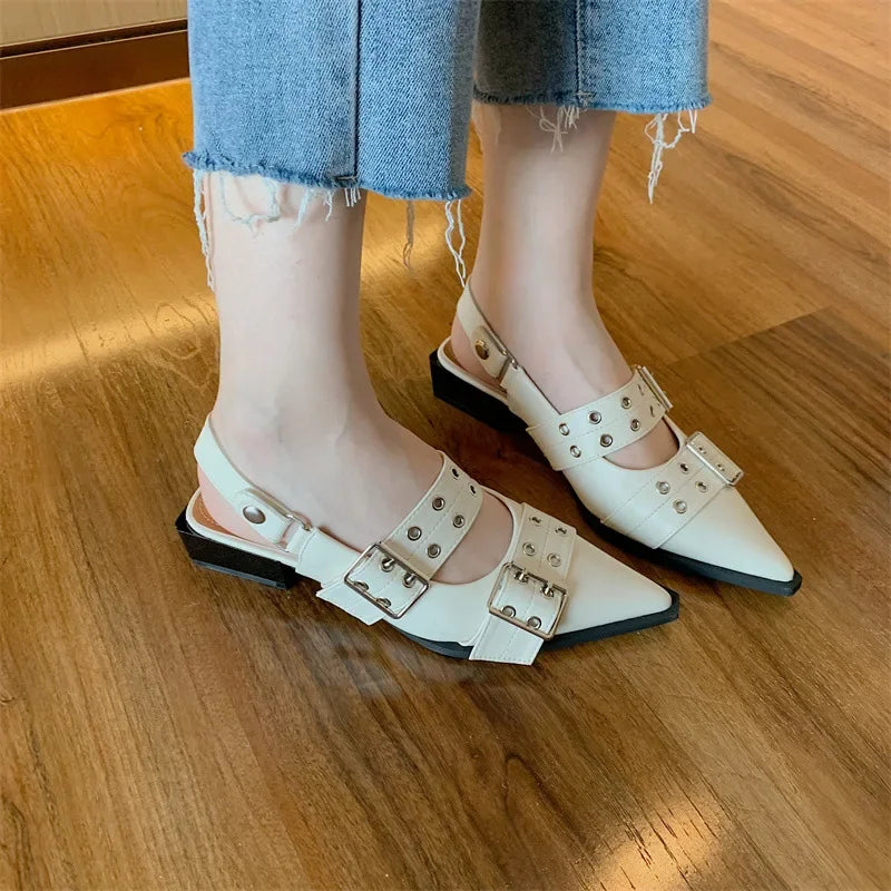 Women Flat With Shoes 2024 Designer Luxury Buckle Fashion Ladies Flats Shoes Slingback Pointed Toe Casual Female Sandals Mules