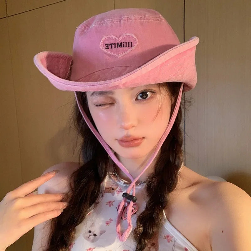 Japanese Retro Washed Cowboy Hats for Women Spring and Summer Outdoor Camping Sun Protection Sweet Pink Love Bucket Caps - OneLoveCanada