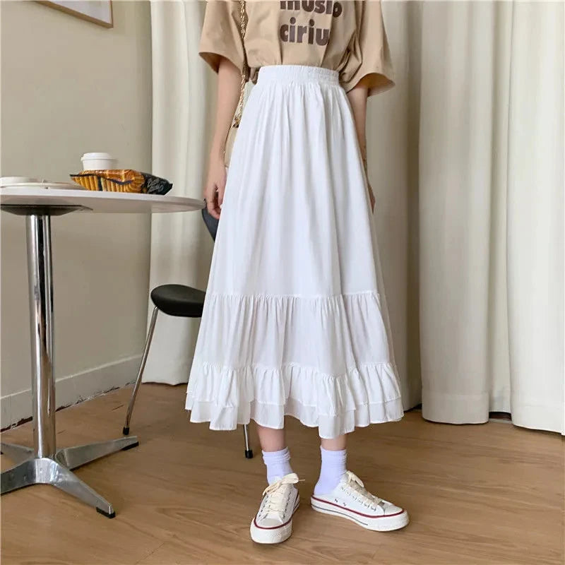 Matching Women's White Skirts Summer Chic Casual A-Line Skirt Elastic Waist Tiered Skirts Elegant Office Lady's Skirt 2025 New