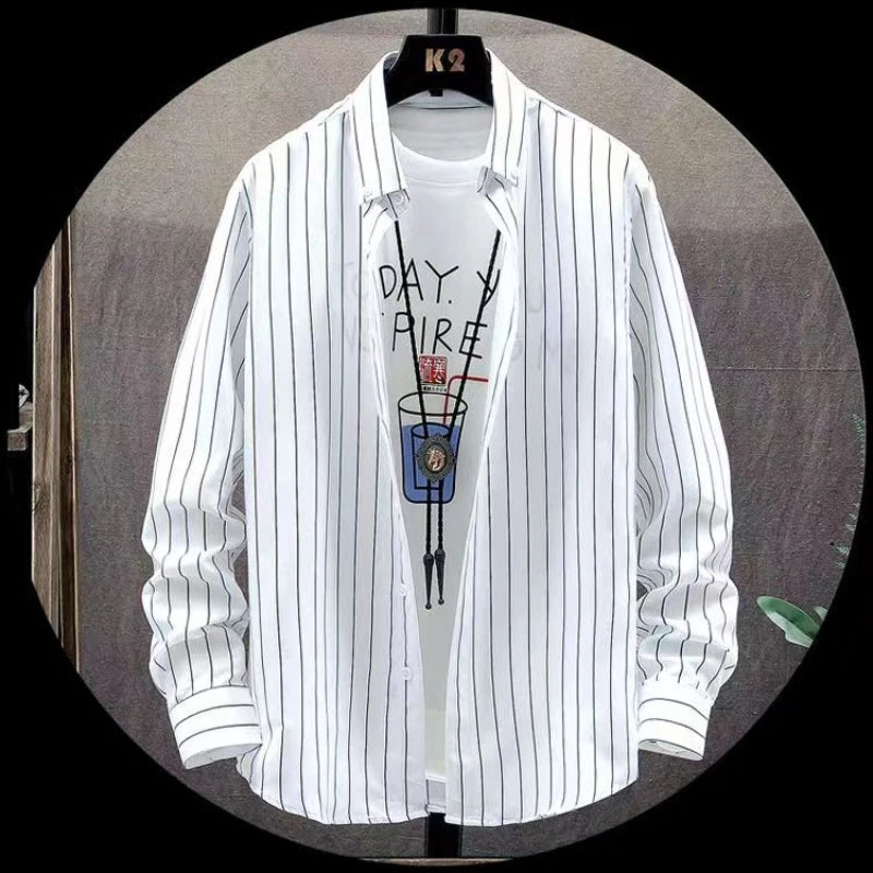 Men's Long Sleeve Slim Fit Striped Shirt Non-iron Korean Print Shirt All-Match Business Casual Dress Shirts White Blue Color