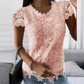 Womens Lace Round Neck Tops T-Shirts Ladies Summer Casual Short Sleeve Blouse Pullover Fashion Clothing For - OneLoveCanada