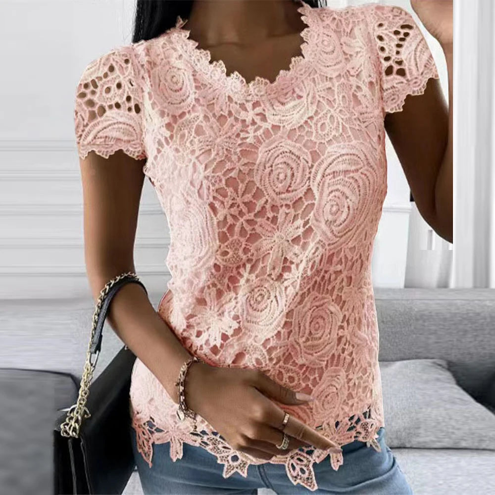 Womens Lace Round Neck Tops T-Shirts Ladies Summer Casual Short Sleeve Blouse Pullover Fashion Clothing For - OneLoveCanada