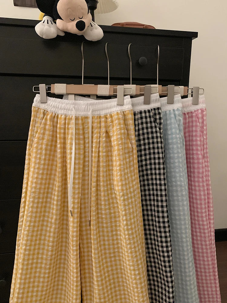Women's Casual Loose Straight Leg Plaid Pants Korea Basic Style Elastic Waist Wide-Leg Pants Spring Summer Female Causal Pants