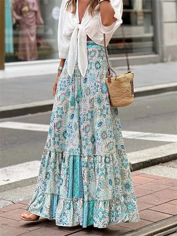 Women Flowy Boho Skirt Printed Ruffled Hem Summer Casual Long Skirt for Beach Vacation Club Streetwear Aesthetic Clothes