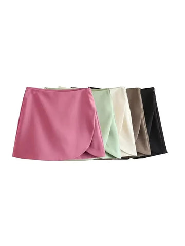 TRZA Women Fashion Pareo Style Shorts Skirts Vintage High Waist Side Zipper Female Skort Mujer