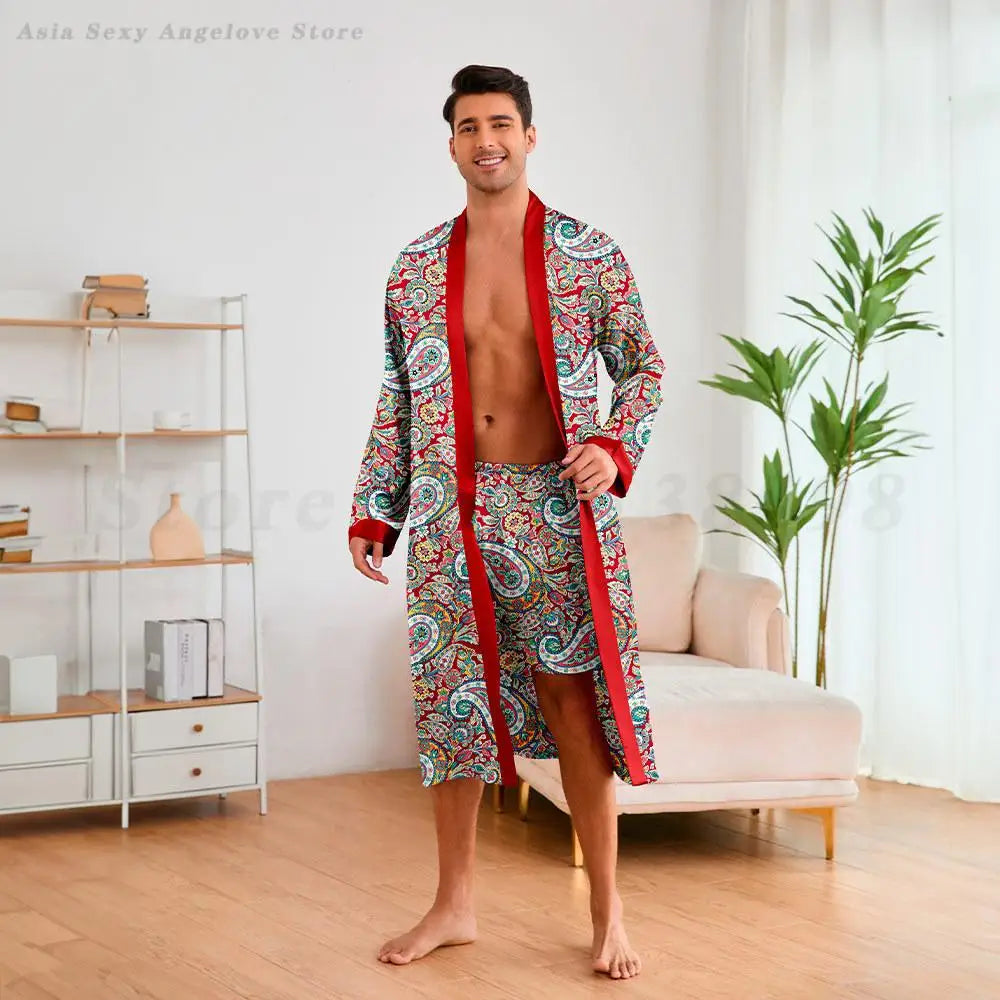 Men Robe Sets Satin Printed Kimono Male Sleepwear Bathrobe Faux Silk 2PCS Robe&Shorts Suit Casual Nightwear Lounge Wear Homewear