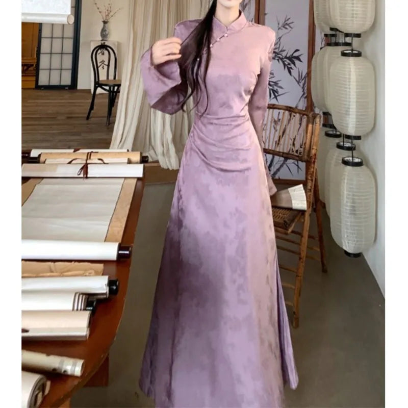 New Chinese Style Folding Stand Collar Dress Autumn Waist-lifting Modified Cheongsam Women's Temperament Long Dresses