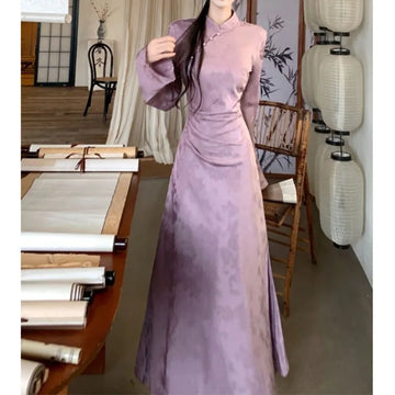 New Chinese Style Folding Stand Collar Dress Autumn Waist-lifting Modified Cheongsam Women's Temperament Long Dresses