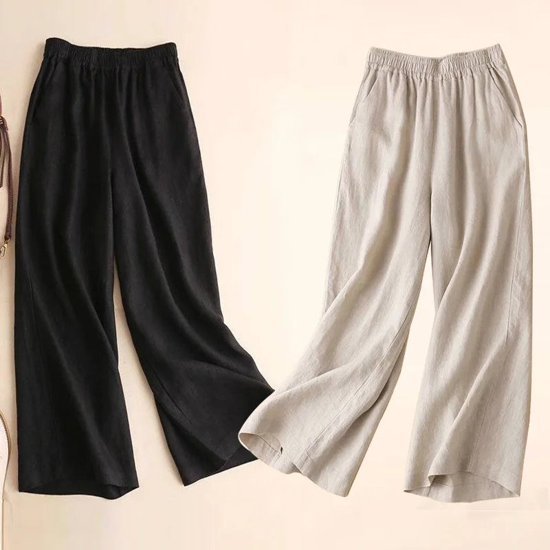 Women Cotton Linen Wide Leg Pants Female Summer Pants Full Length Casual Pants Fashion Solid Loose High Waist Straight Trousers