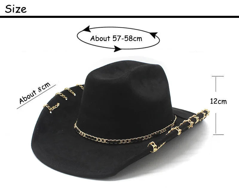 Trendy Western Cowboy Hat for Men And Women with Metal Chain Wide Brim Suede Visor Fashion Jazz Cap