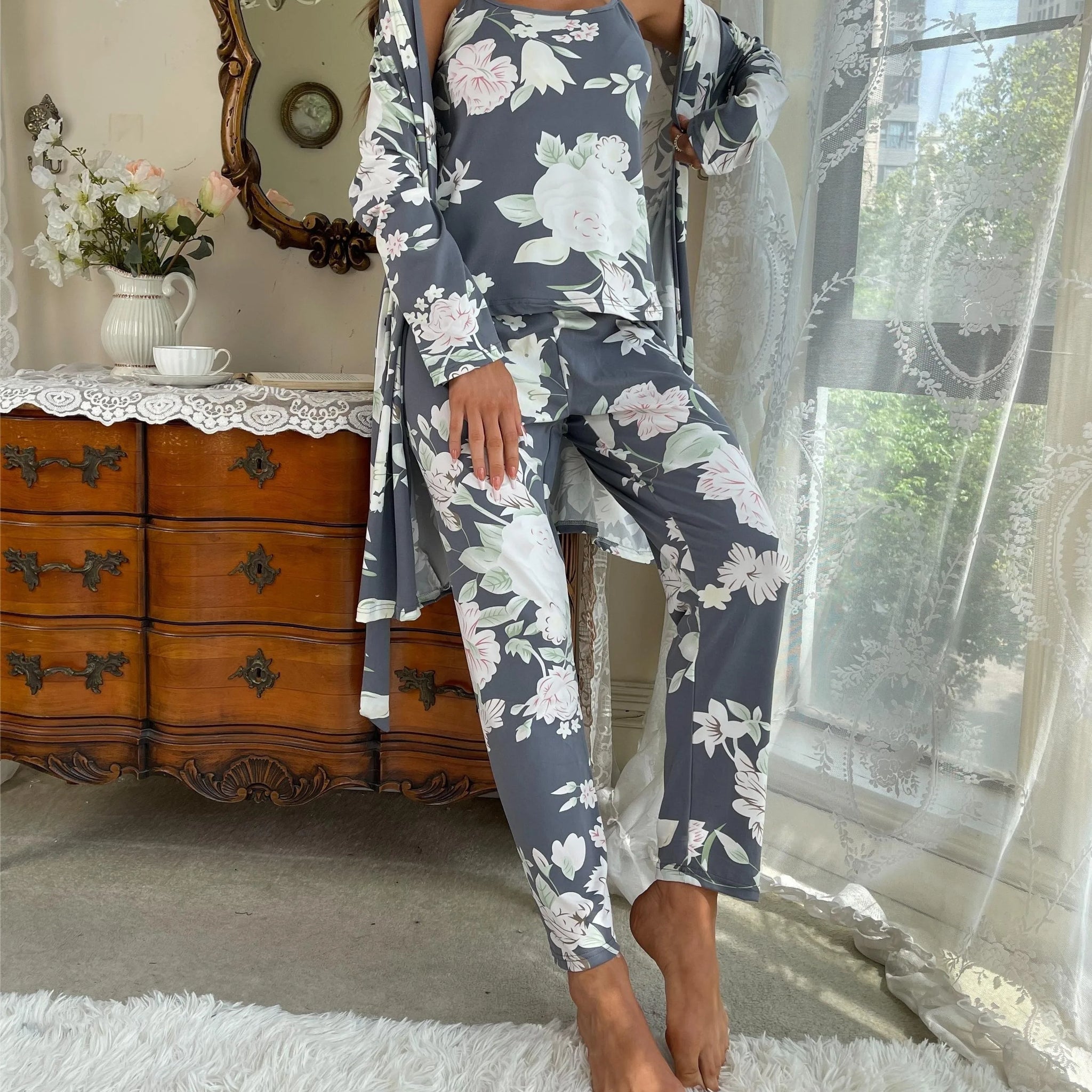 Women's Sleepwear Lounge Wear 3 Pcs Women Pajamas Set  Floral Printed Sleepwear Cami Top&Long Pants with Bathrobe Dressing Gown