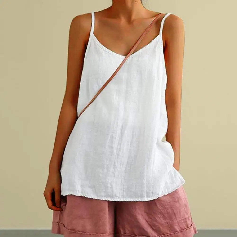 Women Casual T-shirts Loose Fit Women Vest V-neck Sleeveless Women's Summer Tank Tops Lady Solid Color Sling Blouse Top - OneLoveCanada