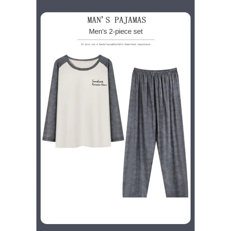 Plus Size Men Pajamas Set Spring and Fall Plaid Solid Color Student Sleepwear Homewear Tops and Pants Nightwear Loungewear