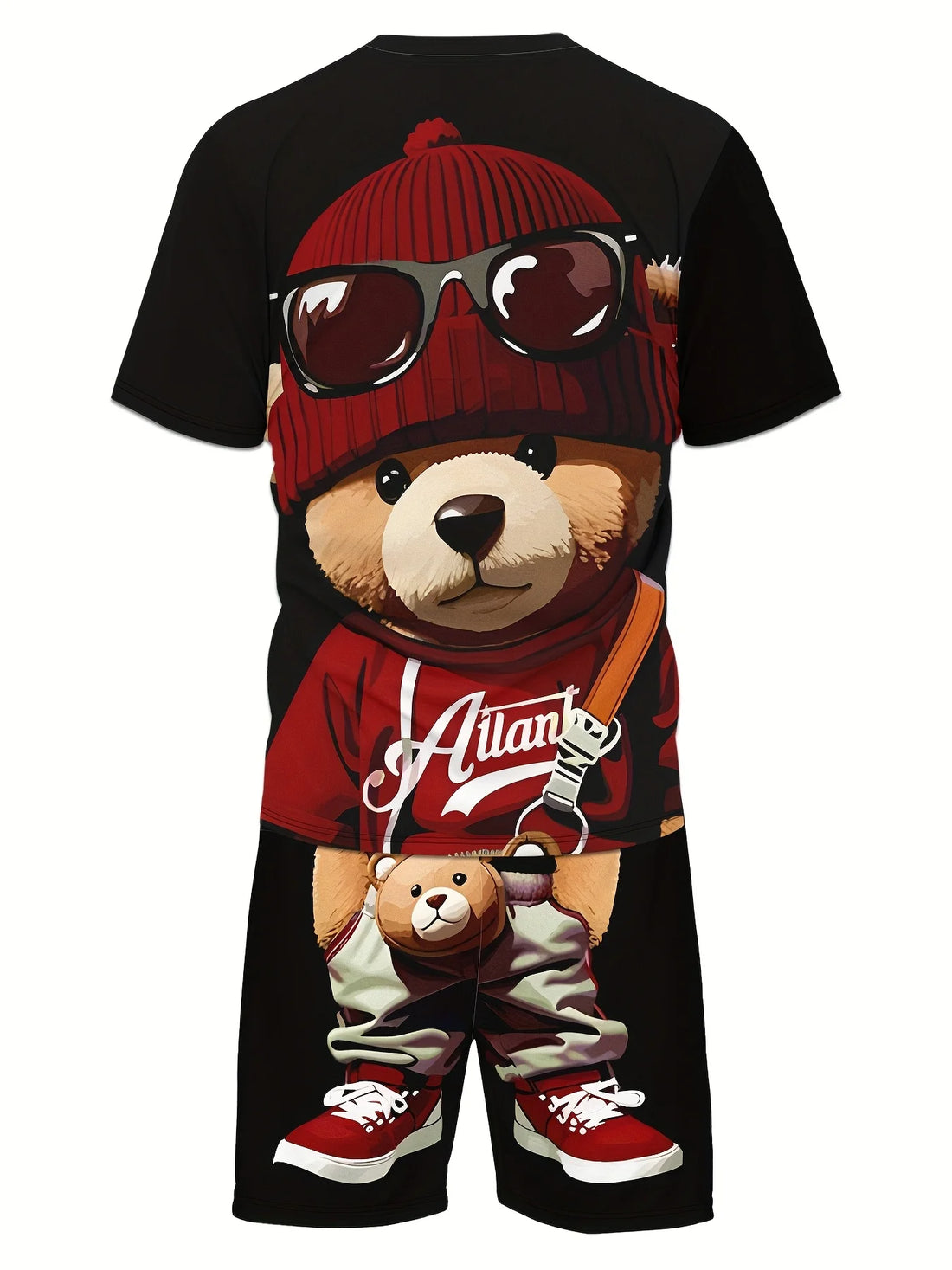 The 2025 summer new men's suit features a retro Teddy bear printed round-neck T-shirt and shorts, knitted polyester men's wear