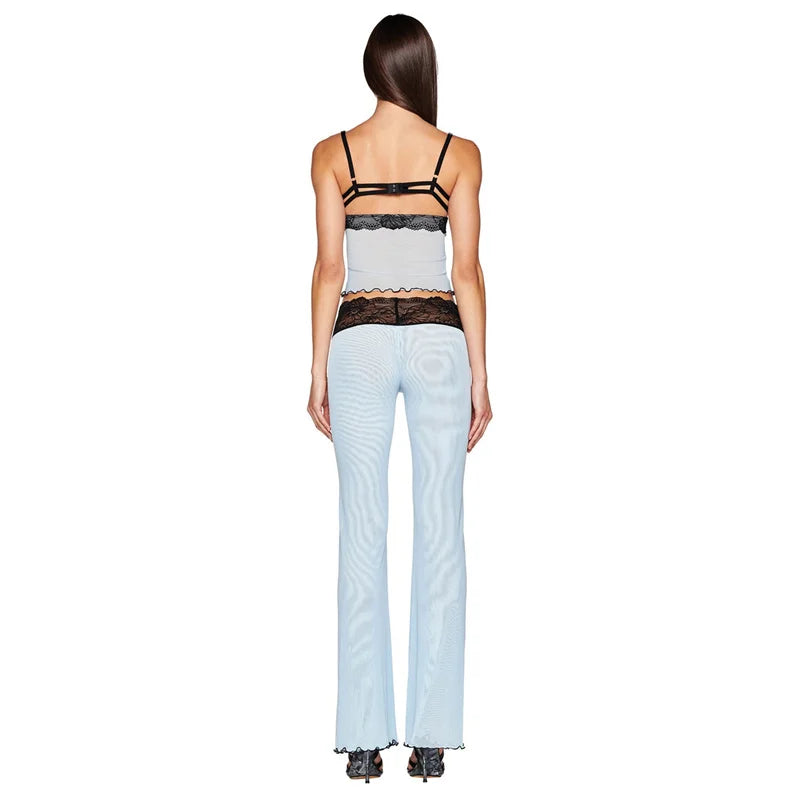 Lamuusaa 2 Piece Set Sexy Clothes Women Lace Trim Spaghetti Strap Sleeveless Cami Top and Low Waist Pants Evening Party Clubwear