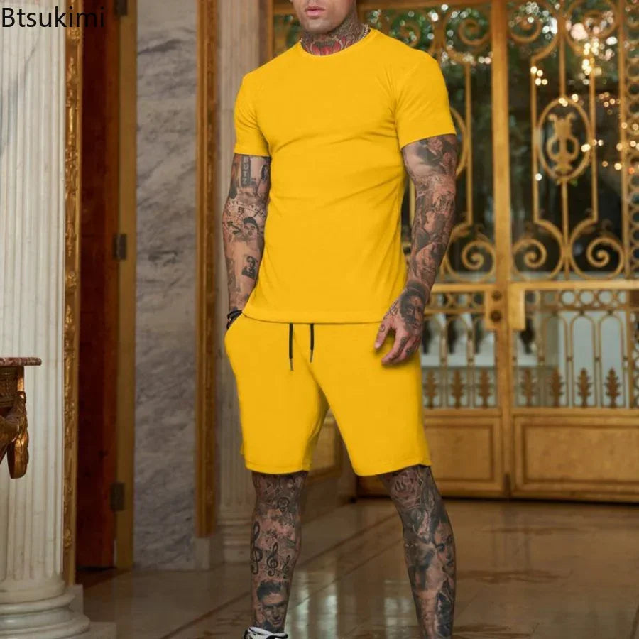2025 Summer 2PCS Tracksuit for Men Short Sleeve T-Shirt+Shorts 2 Piece Set Sports Suit Men Solid Gyms Fitness Sportswear Sets