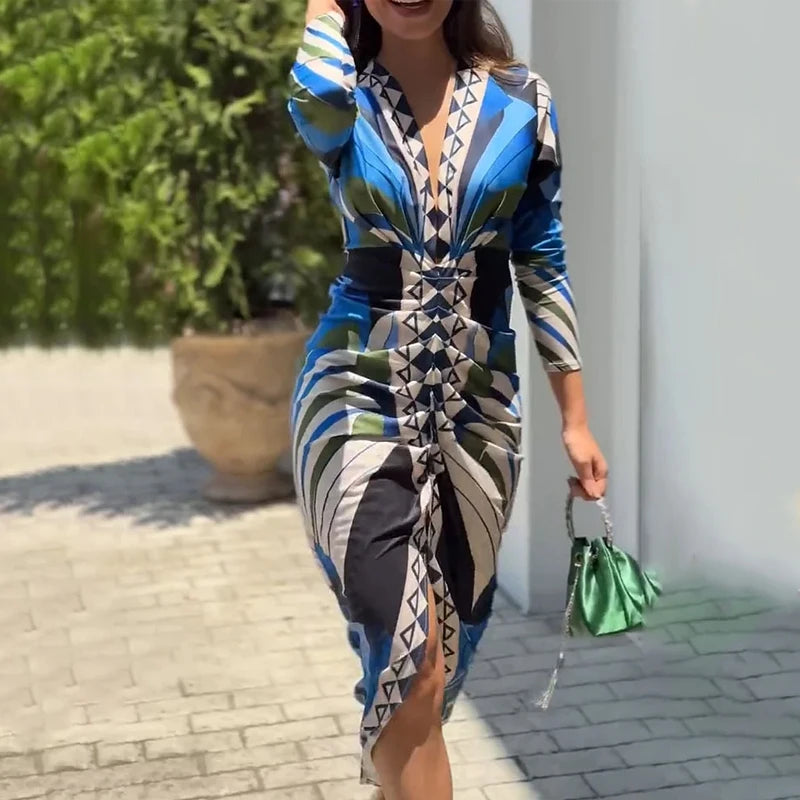 Wefads Long Dress Women Clothing Printed Long Sleeve V Neck Pleated Nipped Waist Slim Slit Casual Dresses Streetwear